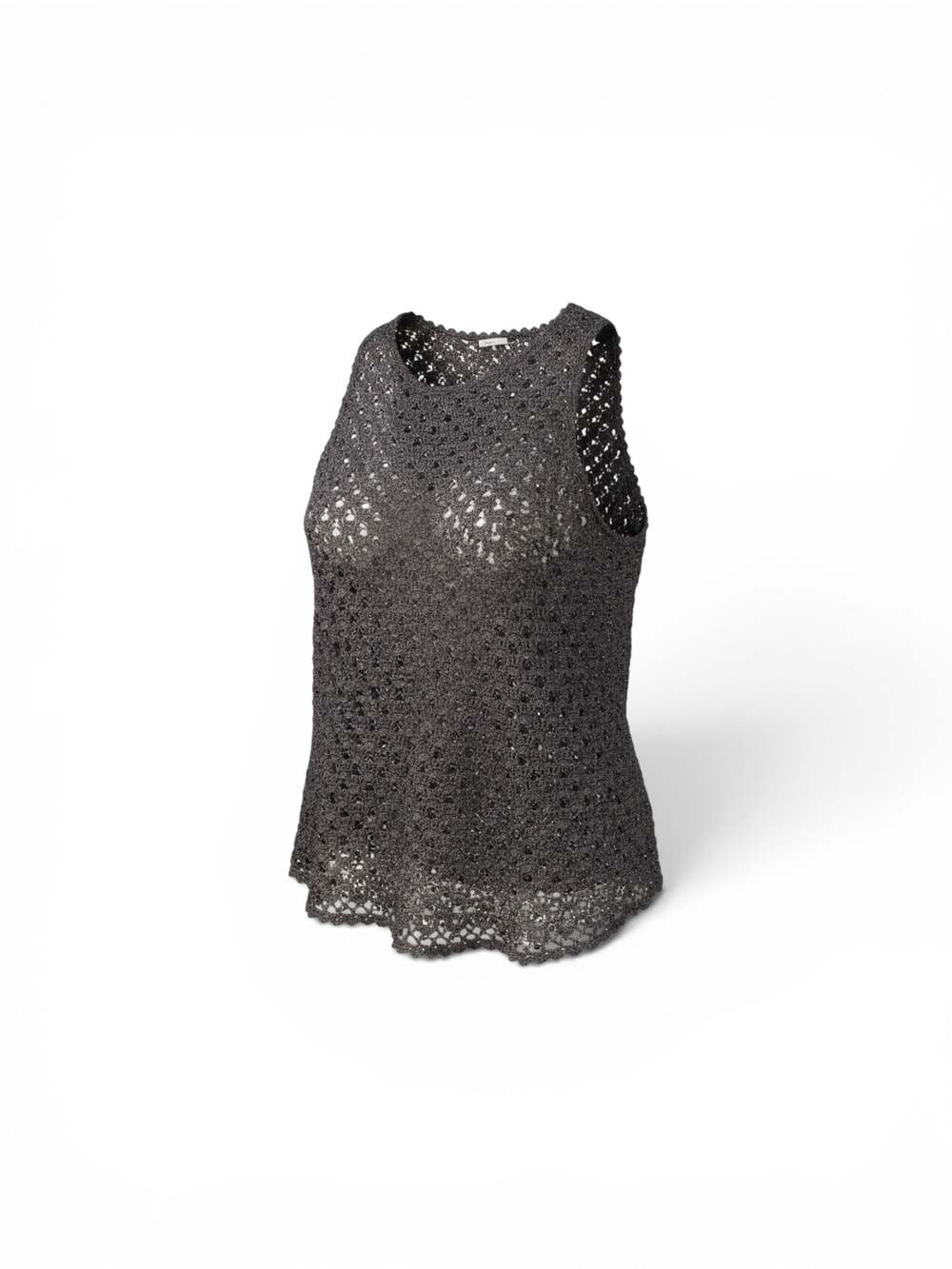 Carmen Marc Valvo Collection Metallic Beaded Crochet Sleeveless Tank Top